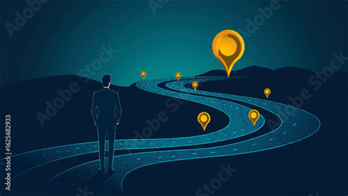 Businessman stands at winding road marked by location pins, gazing toward a final, gold location pin that signifies a successful destination