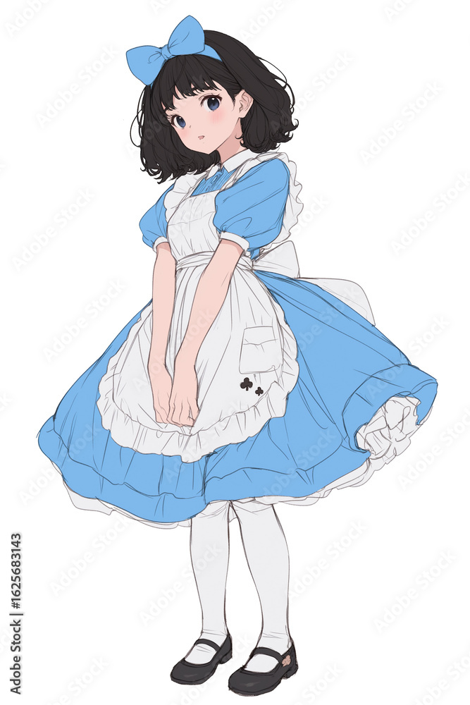 Fototapeta premium ブルーのアリス風ドレスを身にまとった少女が登場する、手描きアニメ調のファンタジーイラスト。不思議の国の情景を思わせる幻想的で優雅な世界観が魅力の作品です。