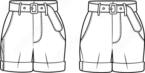 High waist belted shorts front and back cad drawing, flat vector fashion sketch, technical design illustration, stylish summer garment