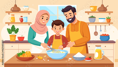 Muslim Family Baking Together in Kitchen Illustration