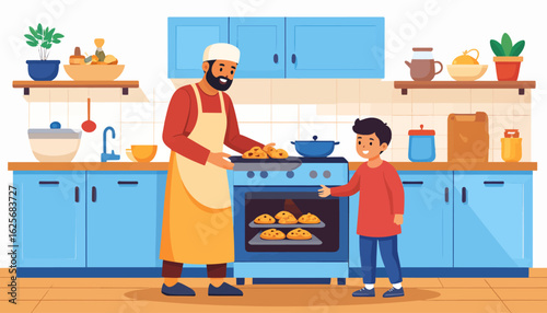 Father and Son Baking Together in a Blue Kitchen
