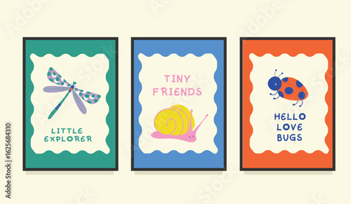 Cute Bug Posters Minimalist Insect Wall Art for Kids featuring playful illustrations. Perfect for nursery decor, children's room wall art, classroom visuals, or early learning materials.
