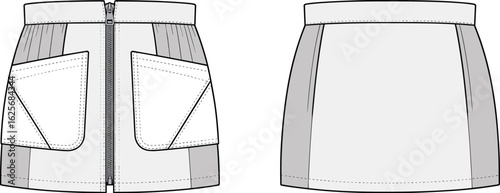 Mini skirt fashion cad sketch, front and back view, flat technical drawing, zipper detail, pocket design, vector apparel template illustration