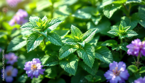 Vibrant botanical ingredients with dew on mint leaves and purple flowers in sunlit garden