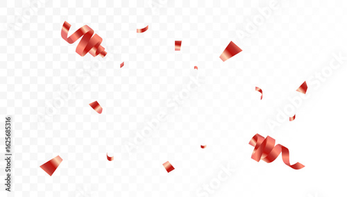 A beautiful burst of red foil confetti and festive serpentine streamers for holiday celebrations on a transparent background.
