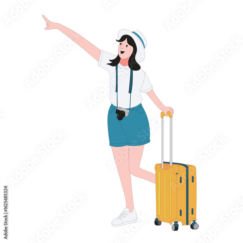 Cartoon style illustration of a happy young woman traveler with suitcase and camera, smiling and pointing direction. Perfect for vacation, tourism, and summer adventure themes.