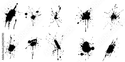 Ink splashes. Black inked splatter dirt stain splattered.  spray splash isolated. Ink splashes Drops blots isolated. Vector illustration