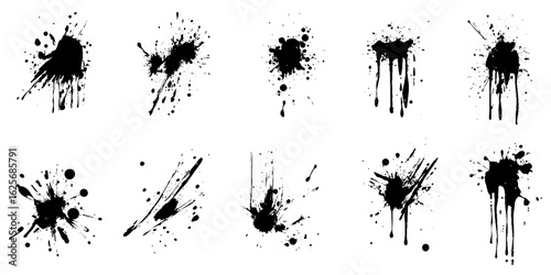 Ink splashes. Black inked splatter dirt stain splattered spray splash with drops blots isolated. Ink splashes Drops blots isolated. Vector illustration