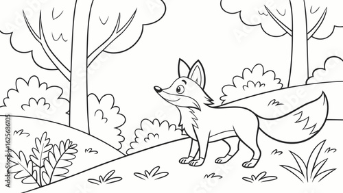 Vector Cartoon funny Fox, funny image in the forest, Coloring book page for children. Line Art isolated on white background