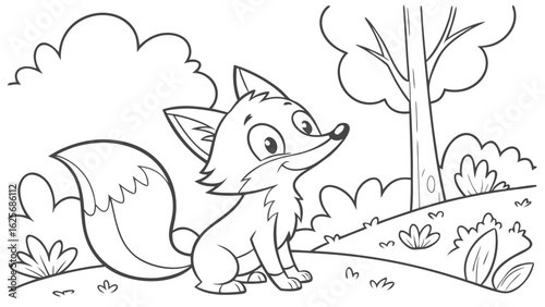 Vector Cartoon funny Fox, funny image in the forest, Coloring book page for children. Line Art isolated on white background