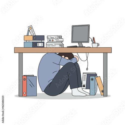 Stressed businessman overwhelmed by paperwork at his desk.