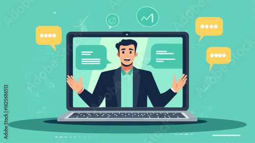 Businessman appears on laptop screen, suggesting a virtual meeting or presentation