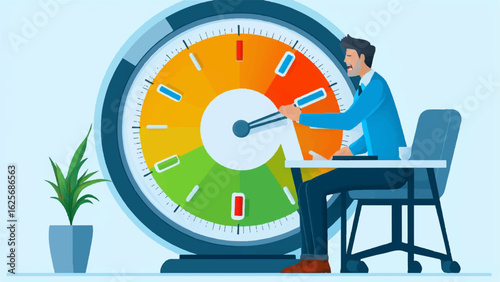 Businessman manipulating a large speedometer like gauge with various levels of customer satisfaction, from angry red to happy green