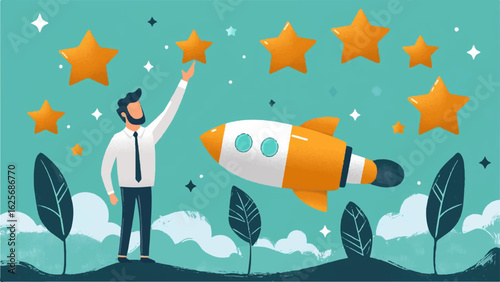 Businessman reaching for stars with rocket startup, success concept illustration, ambition and achievement in business