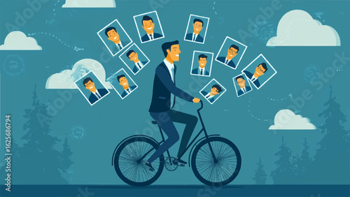 Businessman with profile pictures of his colleagues, symbolizing the challenges of multitasking and managing a team