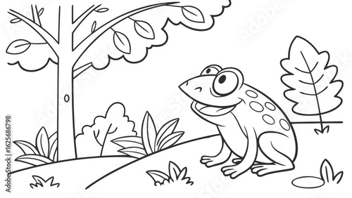 Vector Cartoon funny Frog, funny image in the forest, Coloring book page for children. Line Art isolated on white background