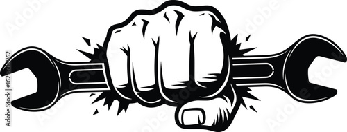 Strong clenched fist holding wrench, black and white vector illustration, mechanic repair symbol, bold industrial graphic, isolated power concept