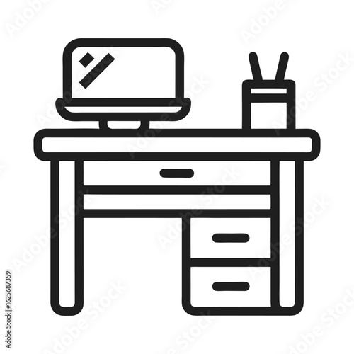 Simple desk with computer and pen holder icon