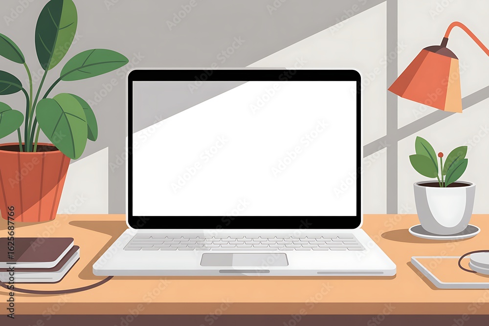 Fototapeta premium A modern desk setup with a laptop, potted plants, books, and a desk lamp casting shadows computer