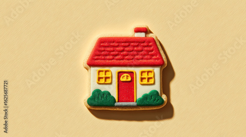 Festive homemade cookie with house design on yellow background for holiday celebrations