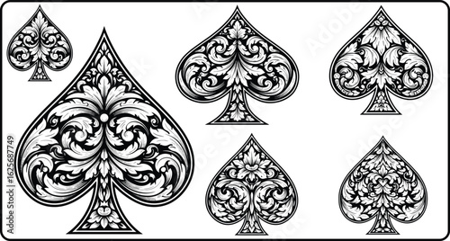 Vintage spade icons, ornate floral pattern, black and white vector illustration, decorative poker symbol, baroque style card design elements