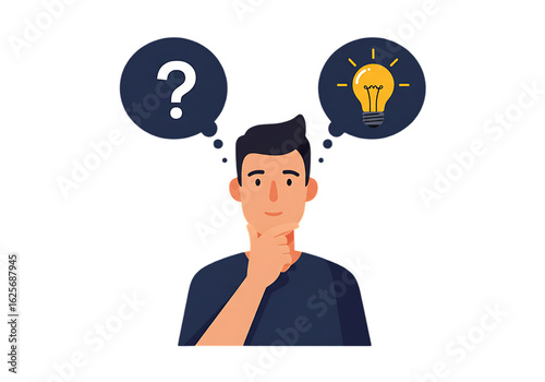 Man thinking with question mark and lightbulb isolated on transparent background