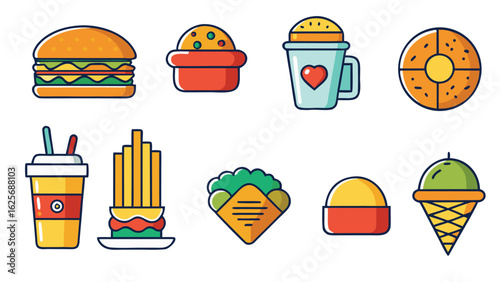 fast food flat line icons set burger- fast-snacks vector icon set