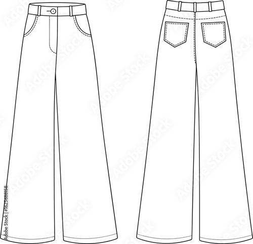 Wide leg jeans front and back flat sketch, cad drawing fashion pants, technical vector illustration, stylish denim trousers design