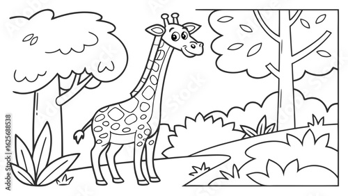 Vector Cartoon funny Giraffe, funny image in the forest, Coloring book page for children. Line Art isolated on white background