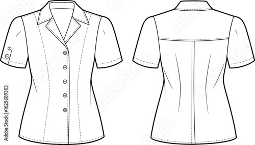 Women’s short sleeve formal shirt flat sketch, button down top vector illustration, cad drawing, technical fashion design, garment front back