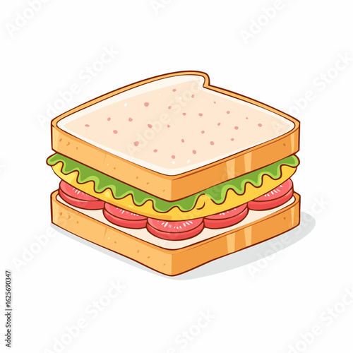 Cartoon illustration of a delicious sandwich with fresh ingredients on white background