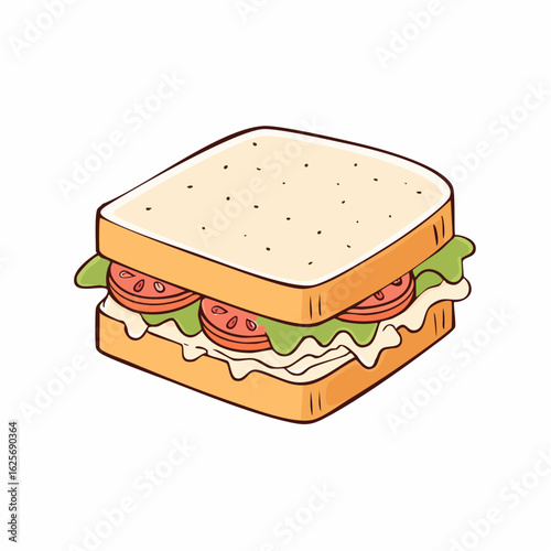 Stylized sandwich illustration featuring fresh tomatoes, lettuce, and creamy filling