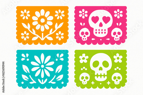 Colorful Cartoon Papel Picado Cutouts with Floral and Skull Motifs, Flat Vector
