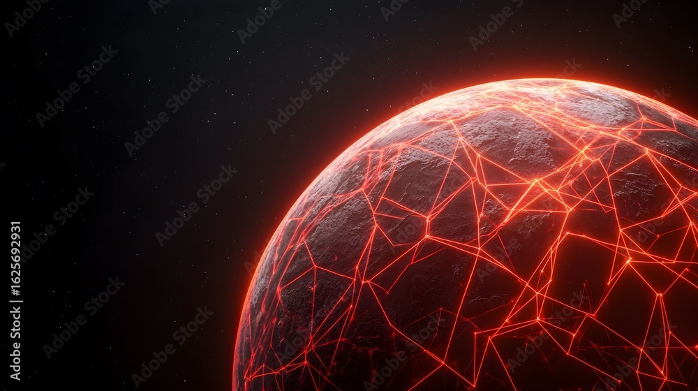 custom made wallpaper toronto digitalA planet with a red network of light lines is visible against a dark background of stars, creating a futuristic, abstract view that mixes tech and space.