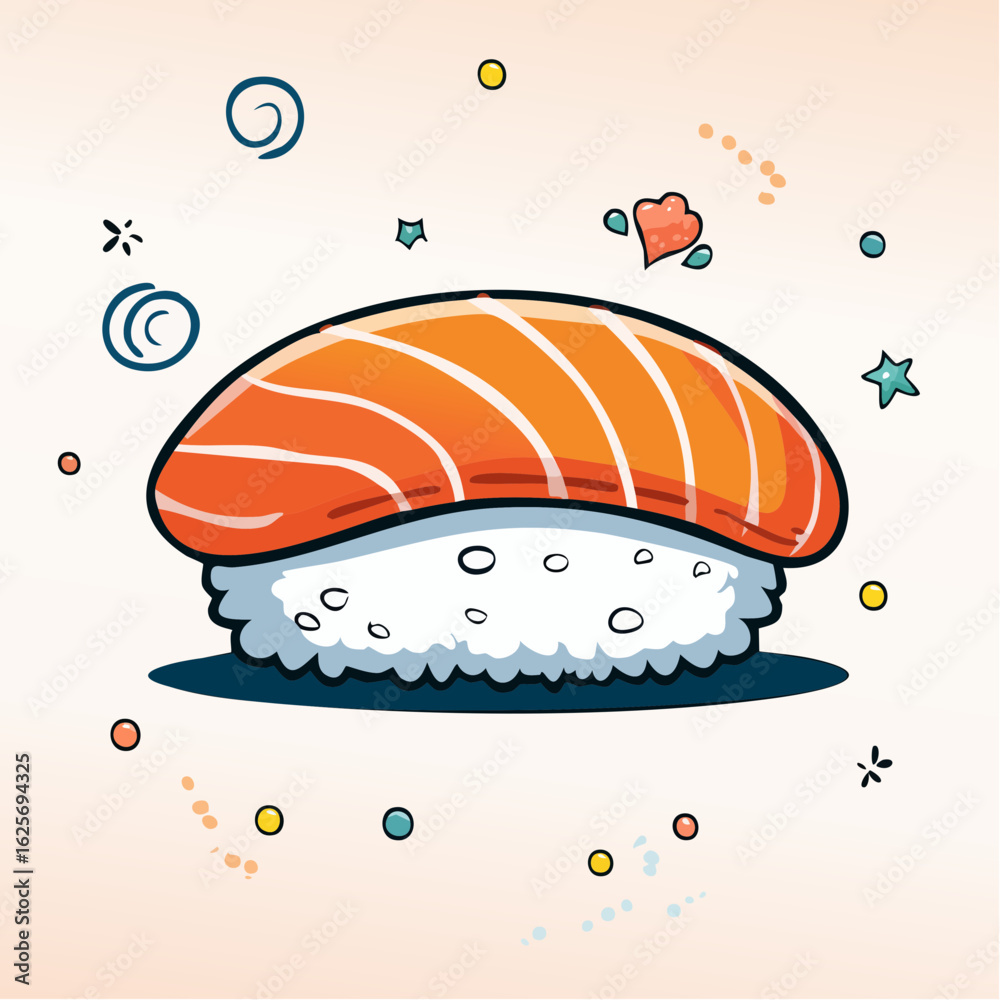 Delightful Sushi Nigiri Illustration with Whimsical Decorations and Vibrant Colors Delightful Sushi Nigiri Illustration with Whimsical Decorations and Vibrant Colors