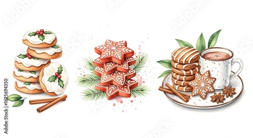 Watercolor Christmas cookie set with hot cocoa