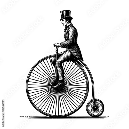 Gentleman riding penny farthing bicycle sketch engraving black and white outline. Scratch board imitation.  illustrated in vintage line art style on a white background.