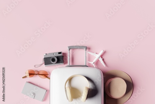 Ready for travel. White suitcase surrounded by essential travel items on pink background. 3d rendering	