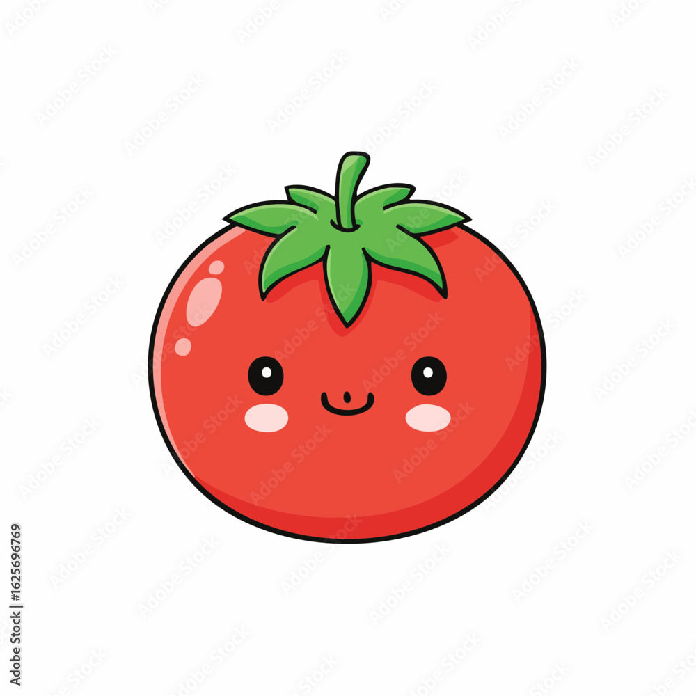 Obraz premium Cute Tomato Cartoon Character Illustration with Smiling Face and Green Leaves on Top