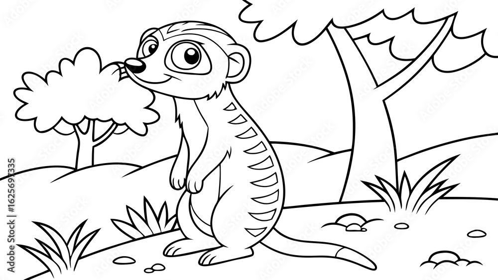 Fototapeta premium Vector Cartoon funny Meerkat, funny image in the forest, Coloring book page for children. Line Art isolated on white background
