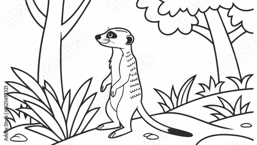 Vector Cartoon funny Meerkat, funny image in the forest, Coloring book page for children. Line Art isolated on white background