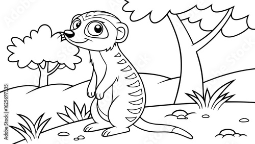 Vector Cartoon funny Meerkat, funny image in the forest, Coloring book page for children. Line Art isolated on white background