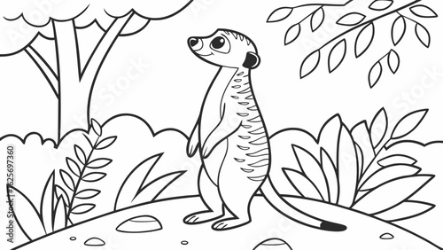 Vector Cartoon funny Meerkat, funny image in the forest, Coloring book page for children. Line Art isolated on white background