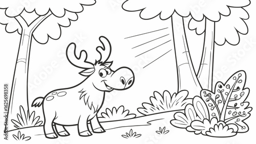 Vector Cartoon funny Moose, funny image in the forest, Coloring book page for children. Line Art isolated on white background