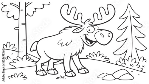 Vector Cartoon funny Moose, funny image in the forest, Coloring book page for children. Line Art isolated on white background