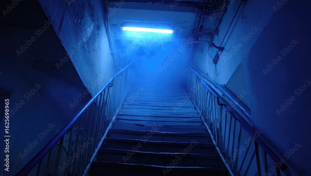 Fototapeta premium Blue-lit, dimly lit basement stairs