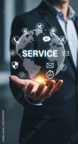 A businessman presenting a service solution with digital technology, artificial intelligence, and global network connections for business growth and customer support