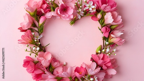 Floral heart arrangement showcases pink blossoms and delicate white flowers on a light backdrop.