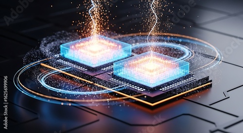 Advanced DualCore Processors Igniting with Fiery Sparks and Blue Light Trails.