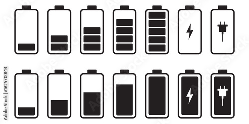 Battery icon set. Battery Full charge indicator or low charge sign. Battery symbols with fast charging, exclamation, low, plus, minus, tick and full charge signs .
